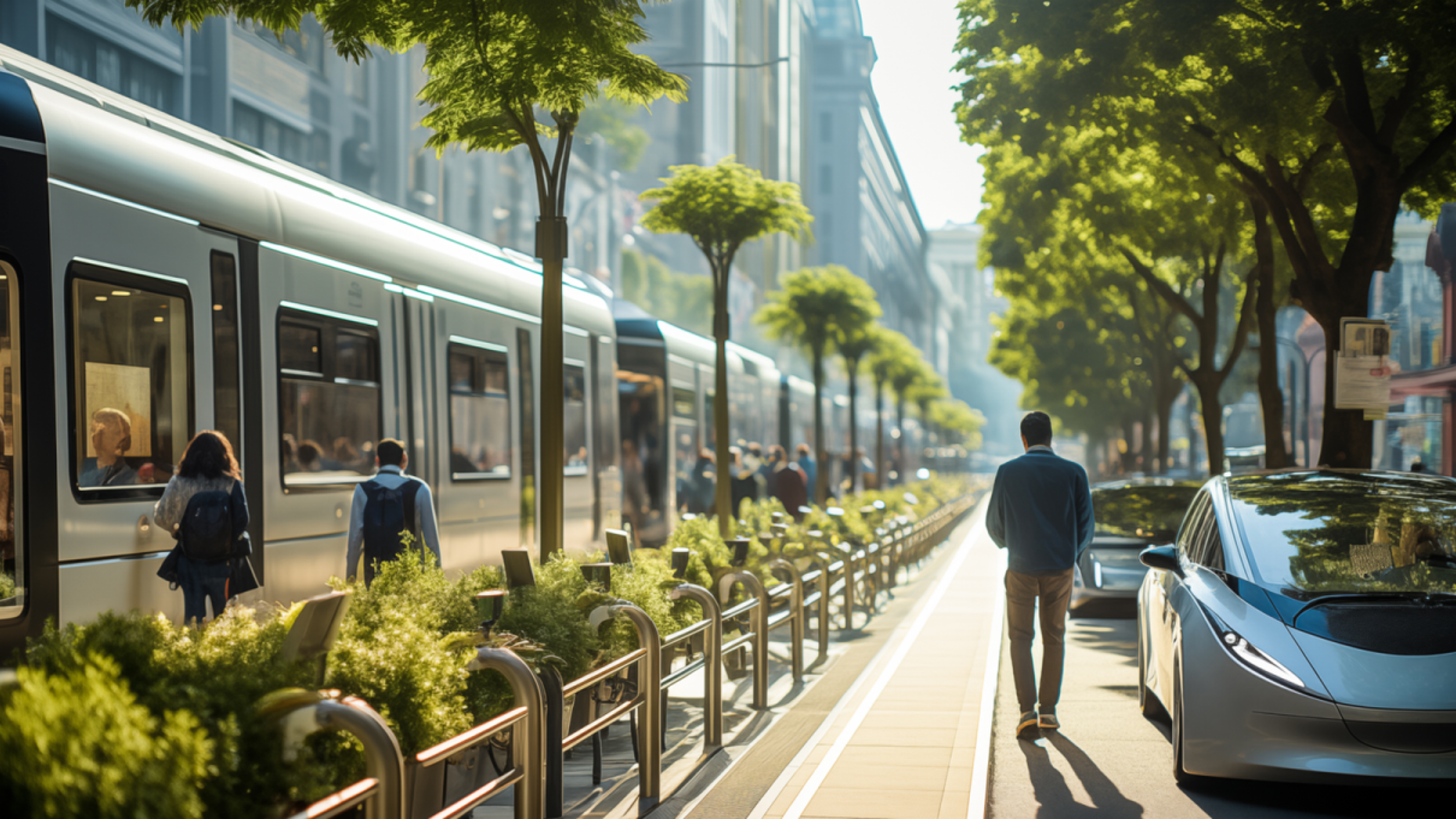 Strada trafficata con tram e auto moderni, passanti